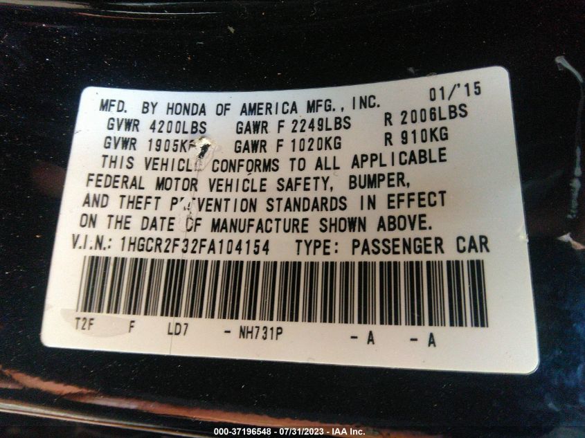 2015 HONDA ACCORD SEDAN LX - 1HGCR2F32FA104154