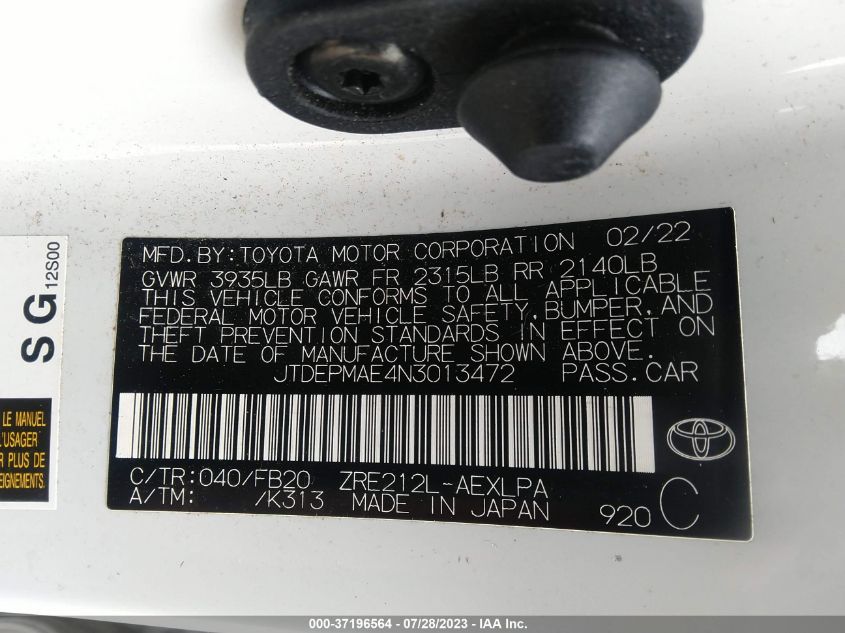 2022 TOYOTA COROLLA LE - JTDEPMAE4N3013472