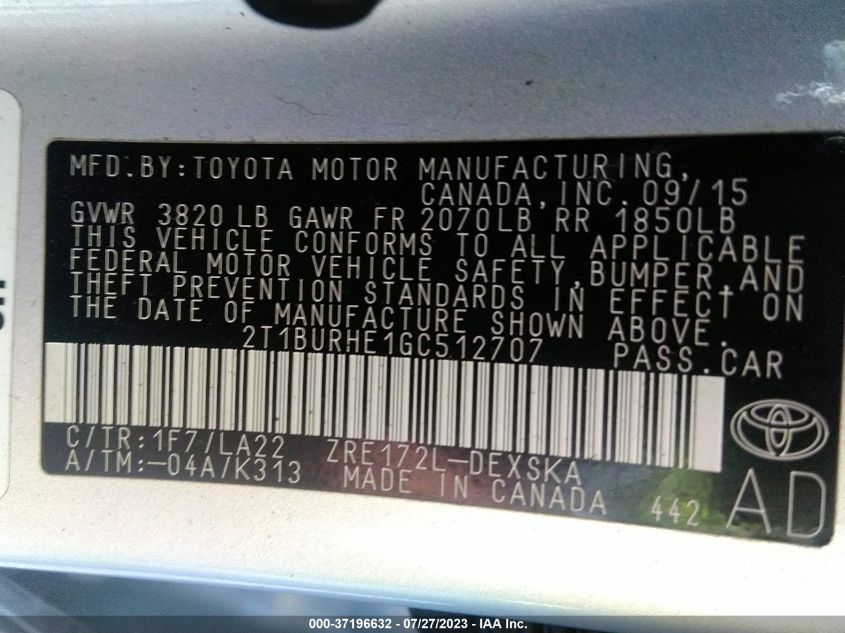 2016 TOYOTA COROLLA L/LE/S/S PLUS/LE PLUS - 2T1BURHE1GC512707
