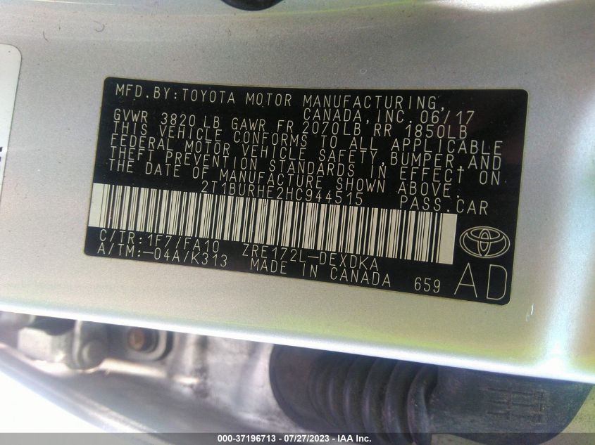 2017 TOYOTA COROLLA L/LE/XLE/SE - 2T1BURHE2HC944515