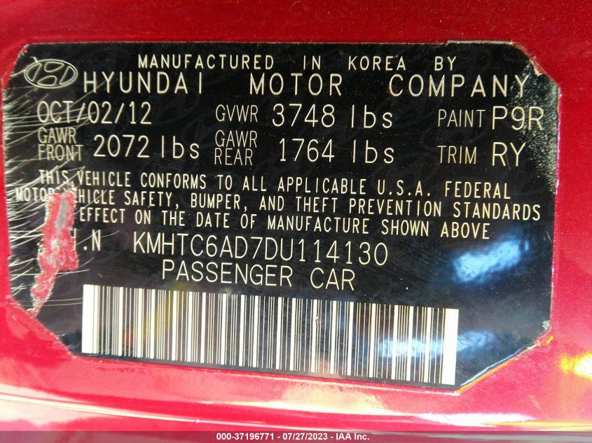 2013 HYUNDAI VELOSTER W/GRAY INT - KMHTC6AD7DU114130