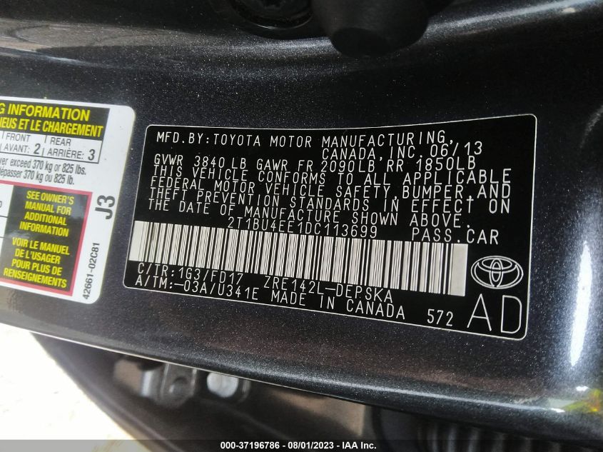 2013 TOYOTA COROLLA L/LE/S - 2T1BU4EE1DC113699