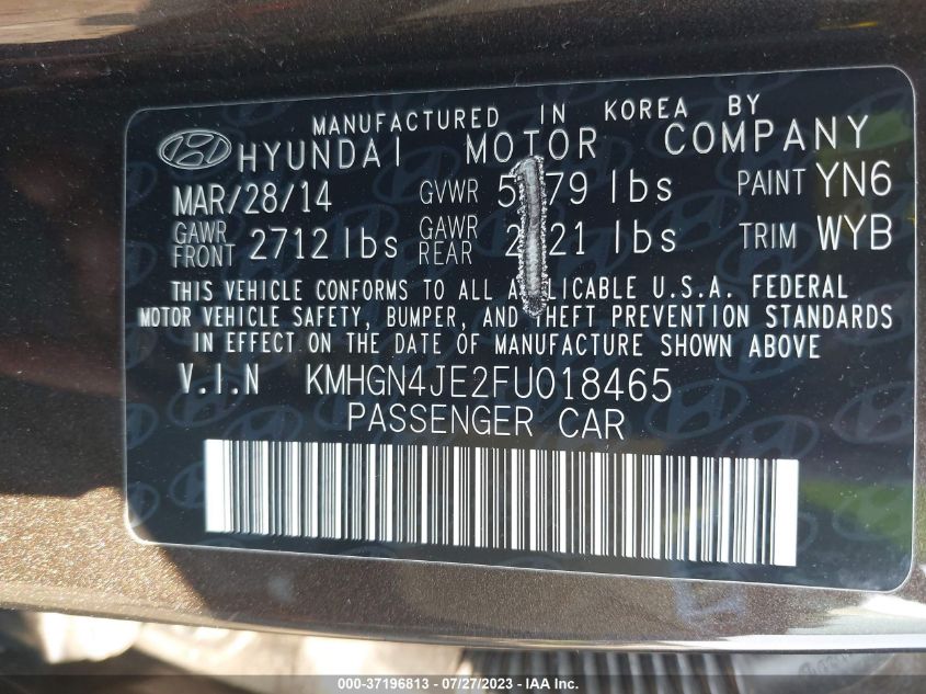2015 HYUNDAI GENESIS 3.8L - KMHGN4JE2FU018465