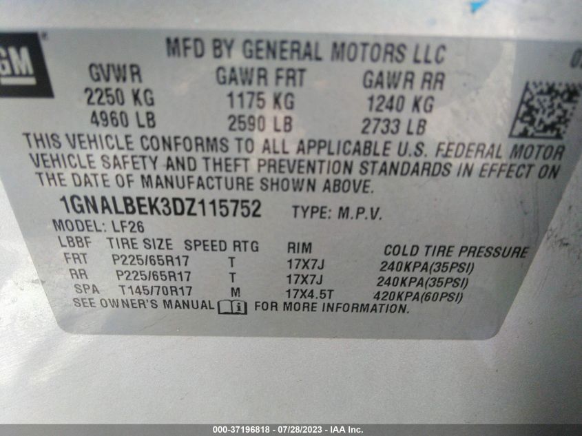 2013 CHEVROLET EQUINOX LS - 1GNALBEK3DZ115752