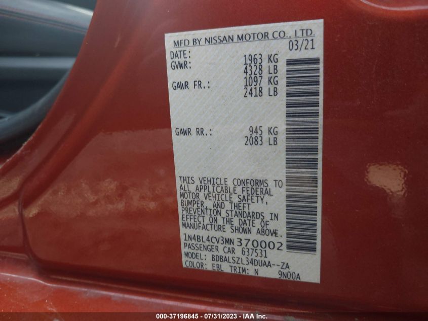 2021 NISSAN ALTIMA 2.5 SR - 1N4BL4CV3MN370002