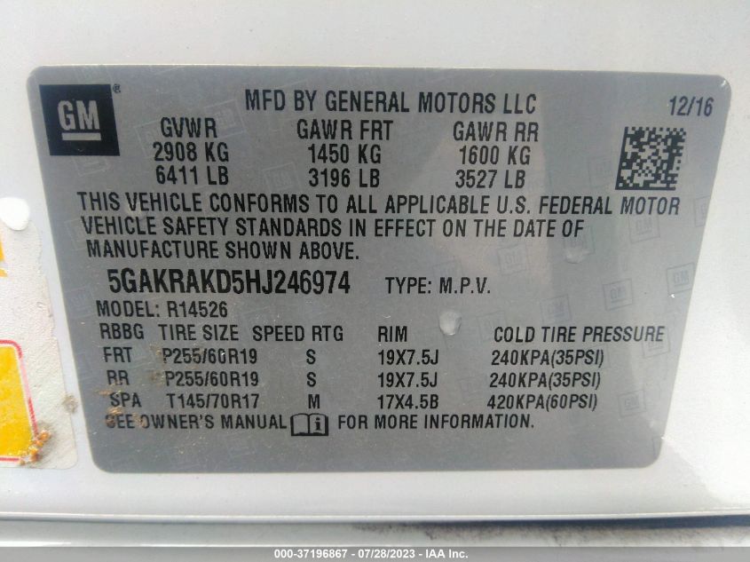 2017 BUICK ENCLAVE CONVENIENCE - 5GAKRAKD5HJ246974