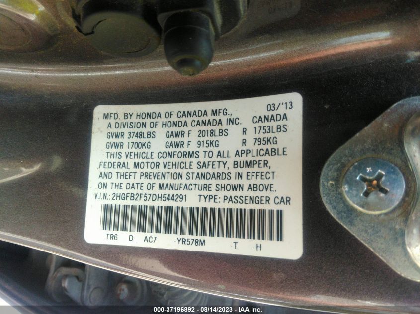 2013 HONDA CIVIC SDN LX - 2HGFB2F57DH544291