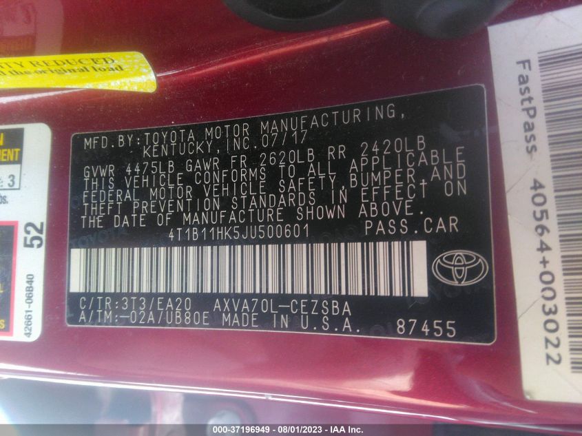 2018 TOYOTA CAMRY LE/SE/XLE/L - 4T1B11HK5JU500601