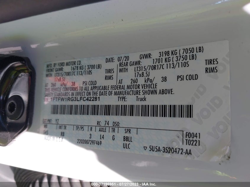 VIN 1FTFW1RG3LFC42281 2020 FORD F-150 RAPTOR