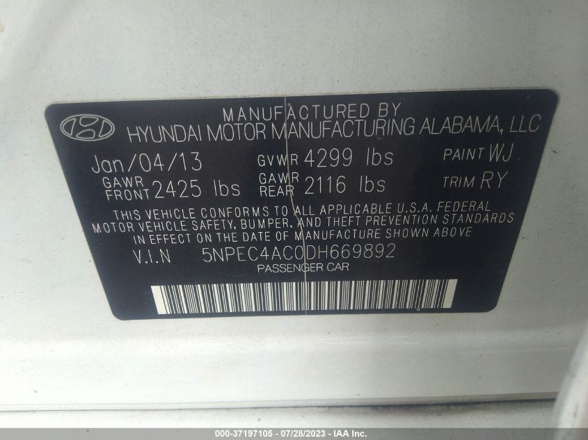 VIN 5NPEC4AC0DH669892 2013 HYUNDAI SONATA no.9