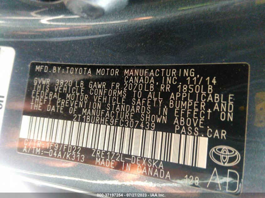 2015 TOYOTA COROLLA L/LE/S/S PLUS/LE PLUS - 2T1BURHE9FC307439