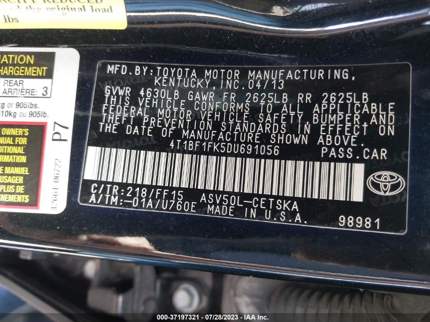 2013 TOYOTA CAMRY L/SE/LE/XLE - 4T1BF1FK5DU691056