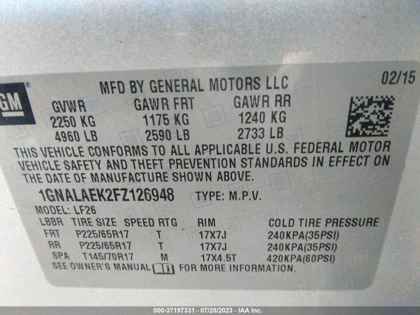 2015 CHEVROLET EQUINOX LS - 1GNALAEK2FZ126948