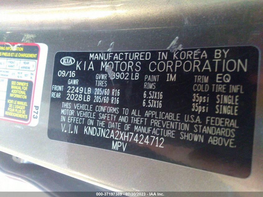 2017 KIA SOUL BASE - KNDJN2A2XH7424712
