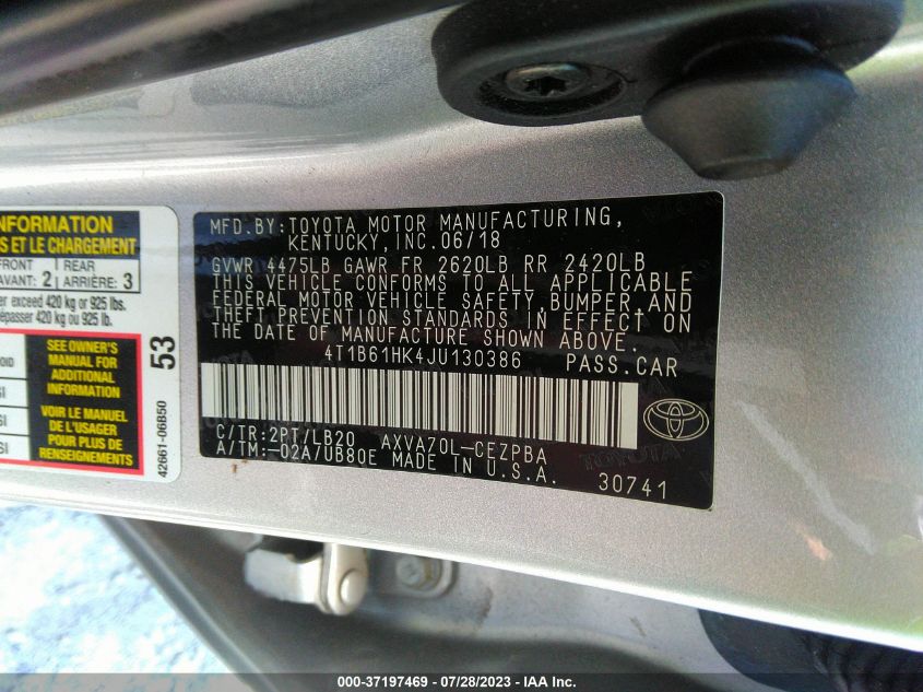 2018 TOYOTA CAMRY XSE - 4T1B61HK4JU130386