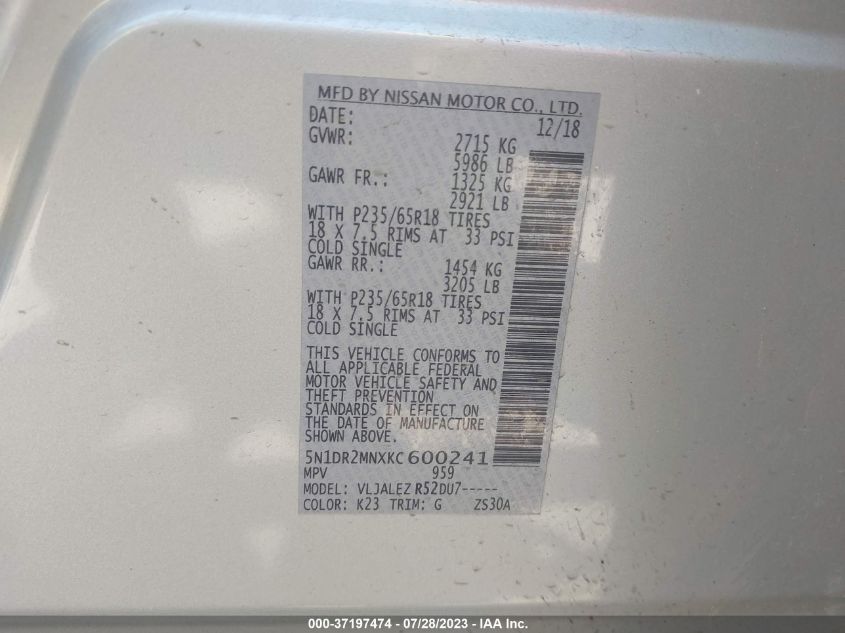2019 NISSAN PATHFINDER SV - 5N1DR2MNXKC600241