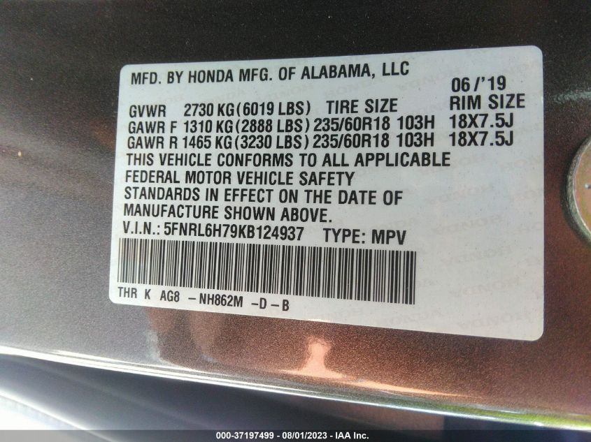 2019 HONDA ODYSSEY EX-L - 5FNRL6H79KB124937