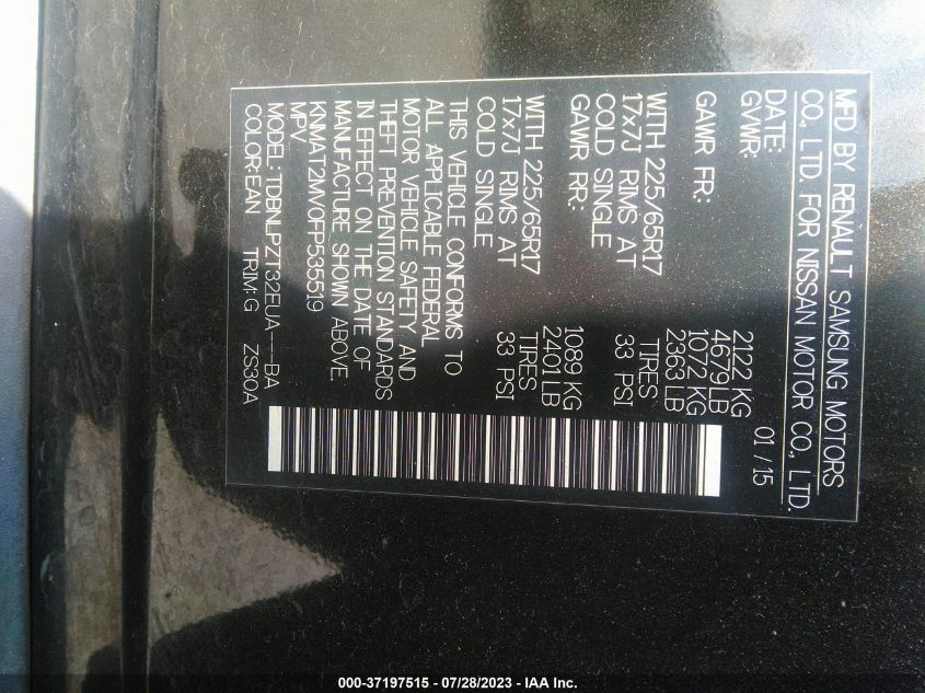 2015 NISSAN ROGUE S - KNMAT2MV0FP535519