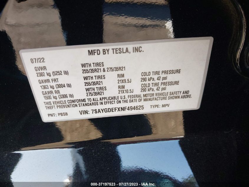 VIN 7SAYGDEFXNF494625 2022 TESLA MODEL Y PERFORMANCE