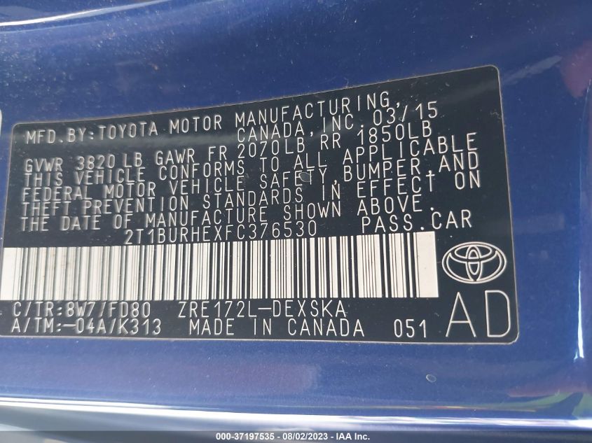 2015 TOYOTA COROLLA L/LE/S/S PLUS/LE PLUS - 2T1BURHEXFC376530