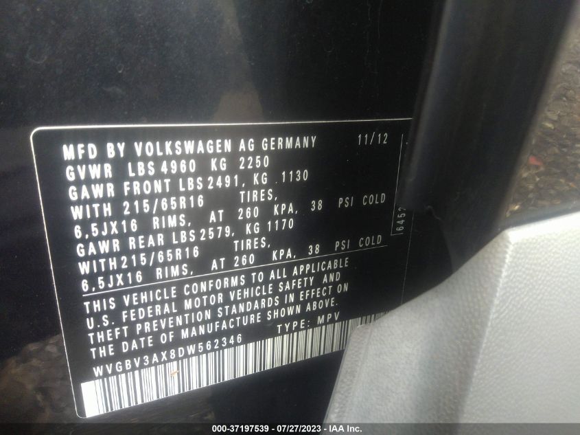 2013 VOLKSWAGEN TIGUAN S - WVGBV3AX8DW562346