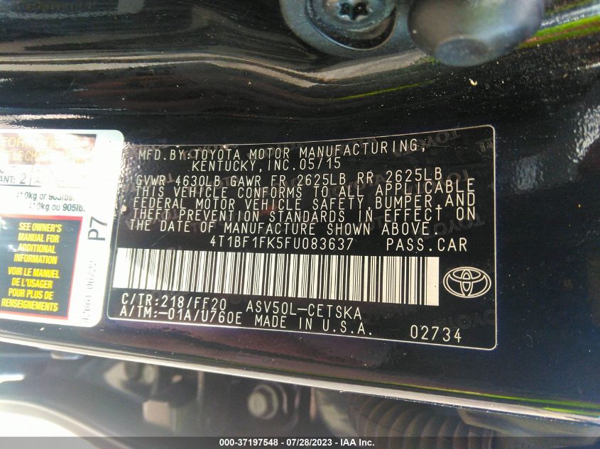2015 TOYOTA CAMRY XLE/SE/LE/XSE - 4T1BF1FK5FU083637