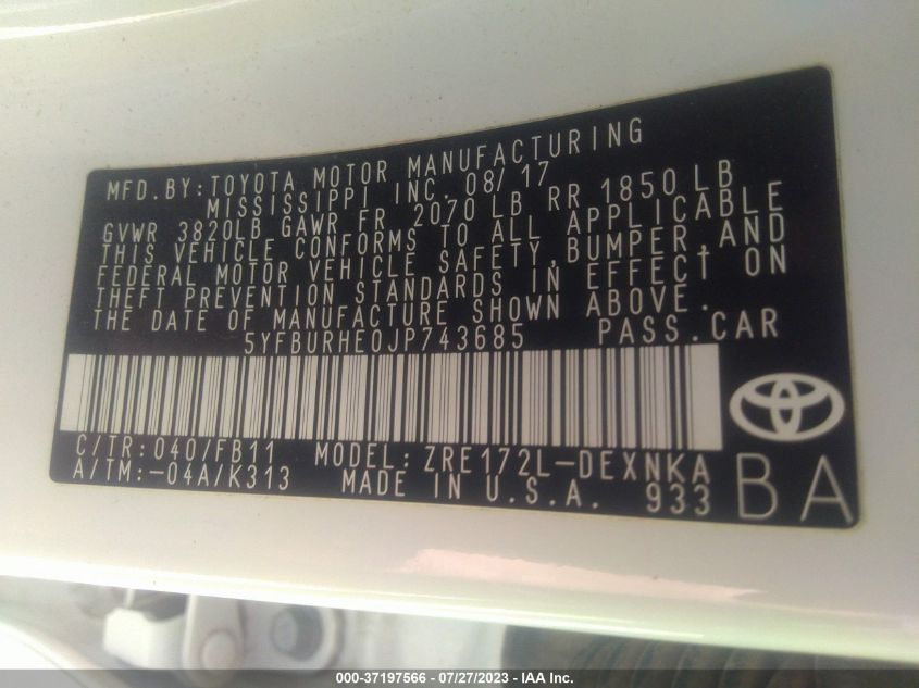 2018 TOYOTA COROLLA SE - 5YFBURHE0JP743685