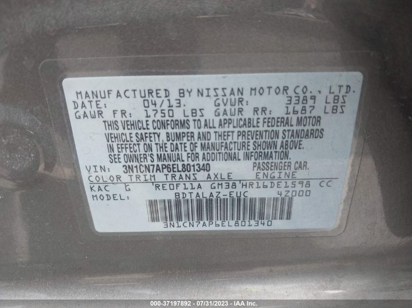 2014 NISSAN VERSA S PLUS - 3N1CN7AP6EL801340