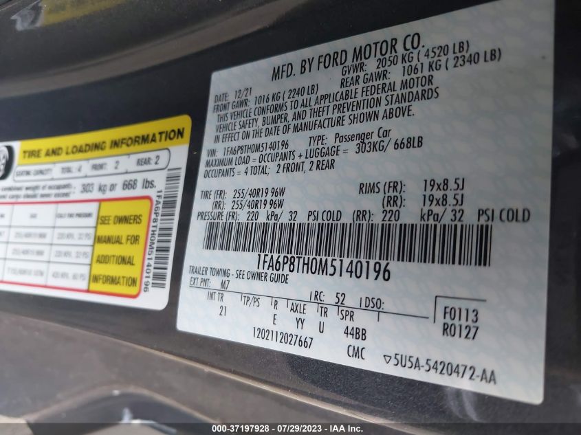 2021 FORD MUSTANG - 1FA6P8TH0M5140196