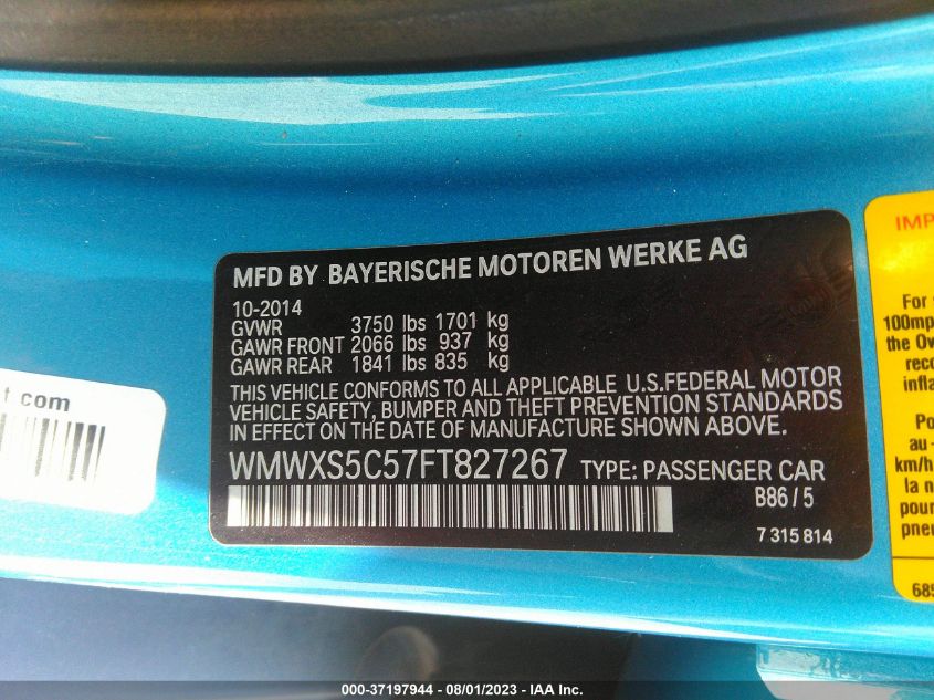 2015 MINI COOPER HARDTOP 4 DOOR WMWXS5C57FT827267