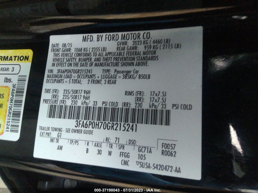 2016 FORD FUSION SE - 3FA6P0H70GR215241