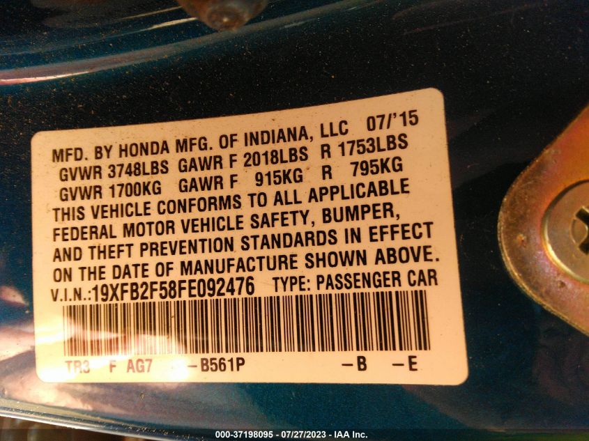 2015 HONDA CIVIC SEDAN LX - 19XFB2F58FE092476