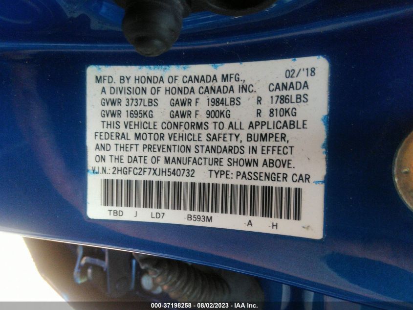 2018 HONDA CIVIC SEDAN EX - 2HGFC2F7XJH540732