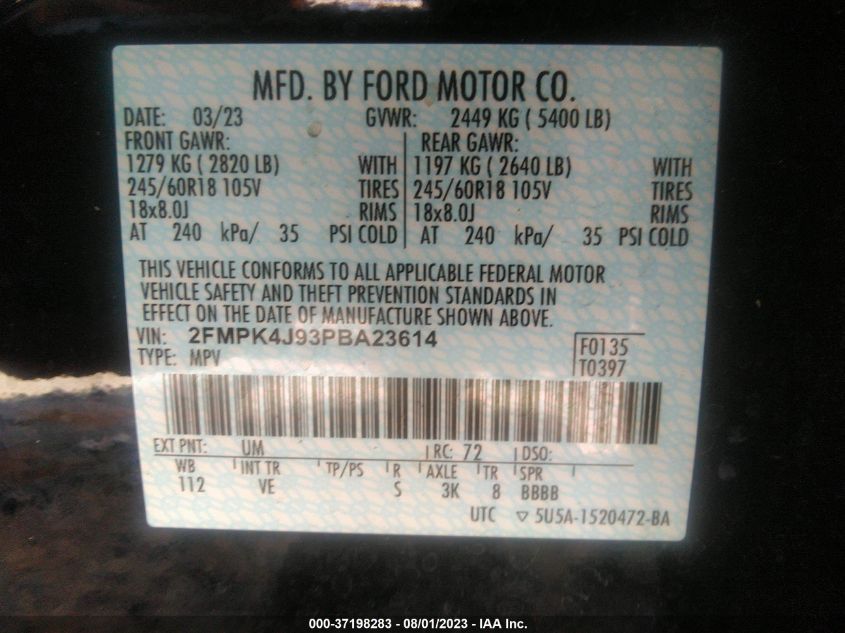 2FMPK4J93PBA23614 2023 FORD EDGE, photo no. 9