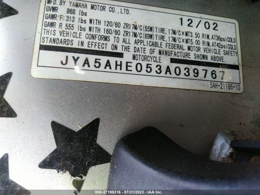 2003 YAMAHA YZF600 R JYA5AHE053A039767