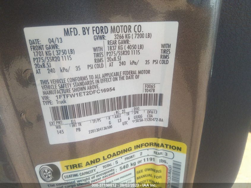 2013 FORD F-150 XL/XLT/FX4/LARIAT - 1FTFW1ET2DFC16954