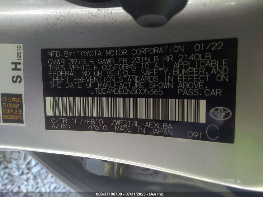 2022 TOYOTA COROLLA HYBRID LE - JTDEAMDE0N3005365