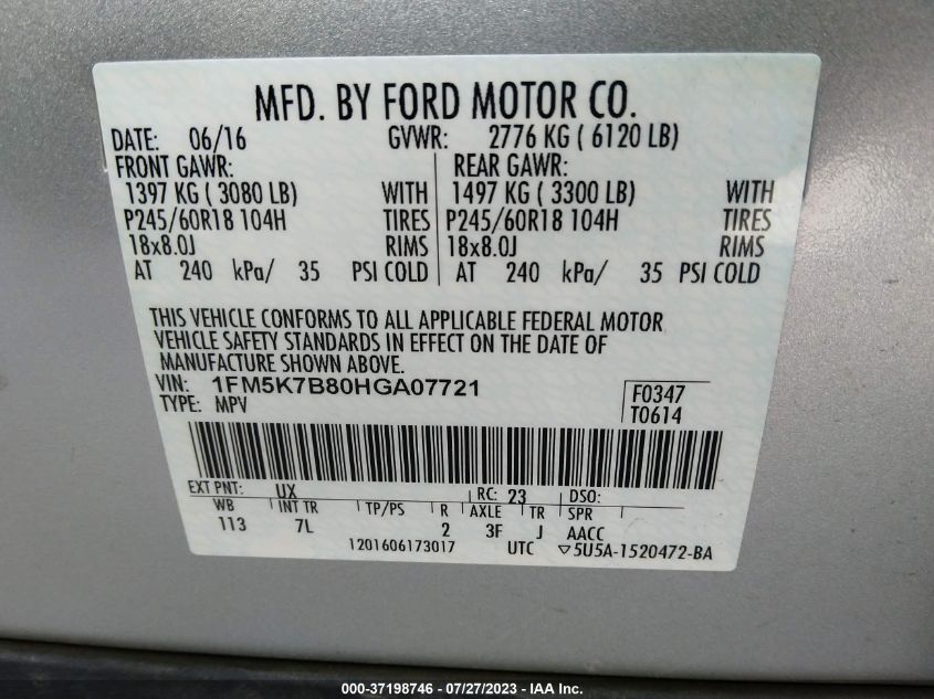 2017 FORD EXPLORER BASE - 1FM5K7B80HGA07721