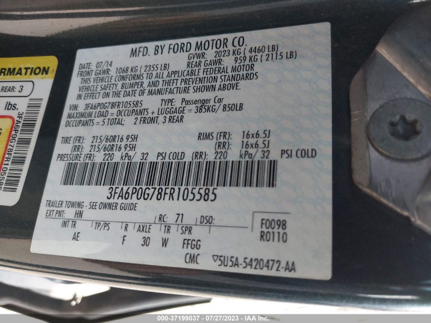 2015 FORD FUSION S - 3FA6P0G78FR105585