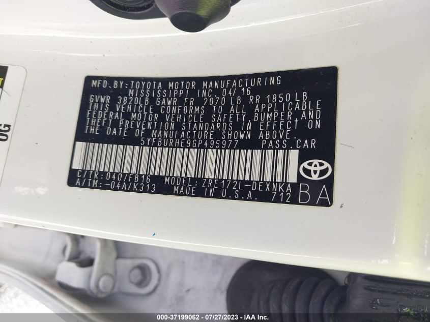 2016 TOYOTA COROLLA L/LE/S/S PLUS/LE PLUS - 5YFBURHE9GP495977
