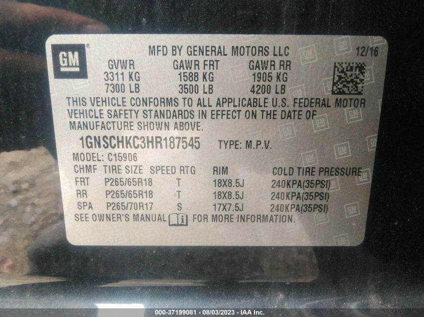 2017 CHEVROLET SUBURBAN LT - 1GNSCHKC3HR187545