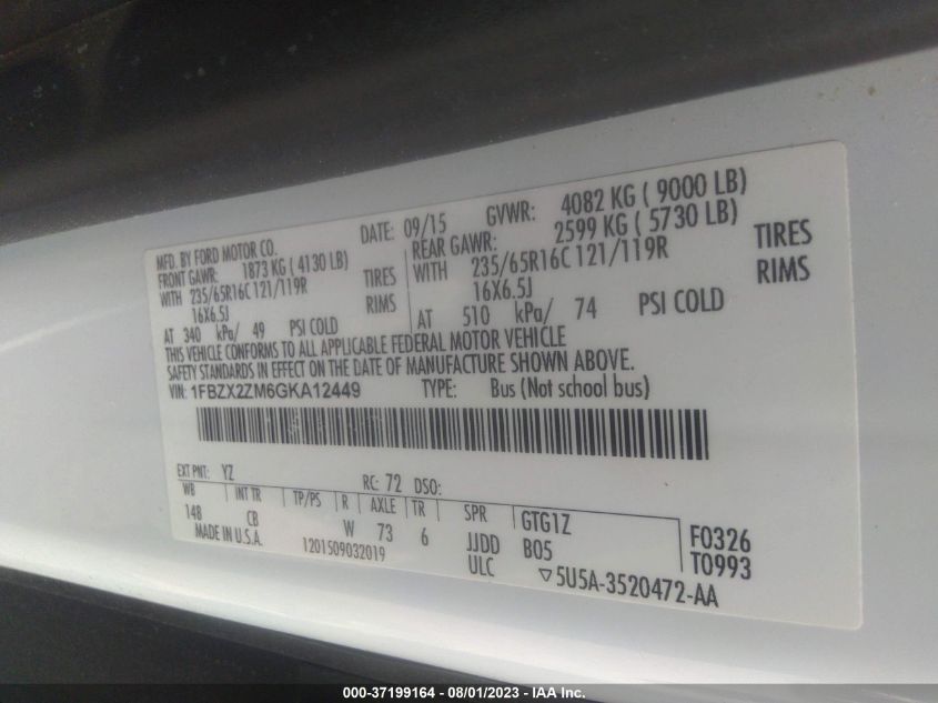 2016 FORD TRANSIT WAGON XL/XLT - 1FBZX2ZM6GKA12449