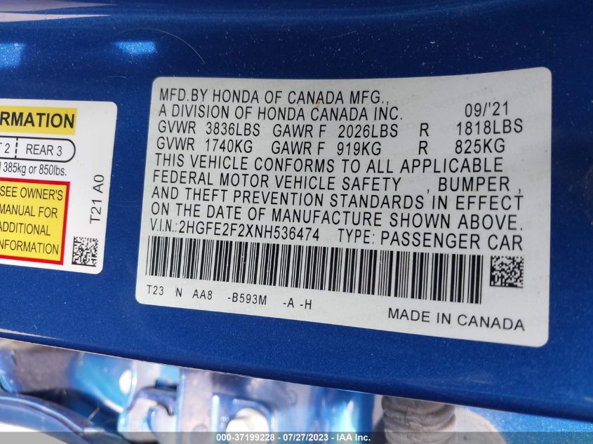 2022 HONDA CIVIC SEDAN LX - 2HGFE2F2XNH536474