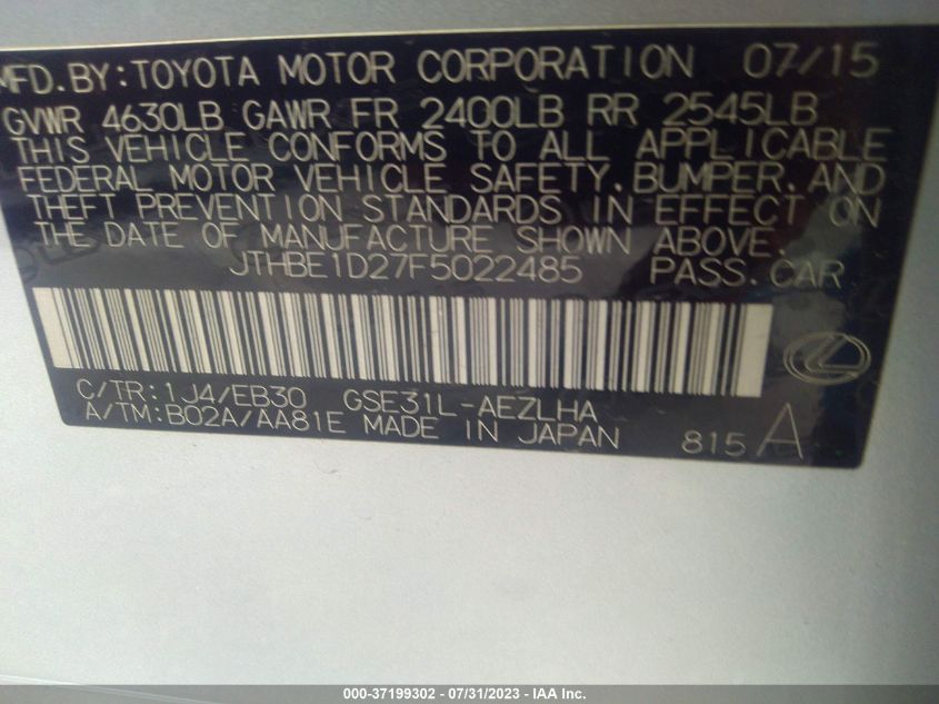 2015 LEXUS IS 350 - JTHBE1D27F5022485