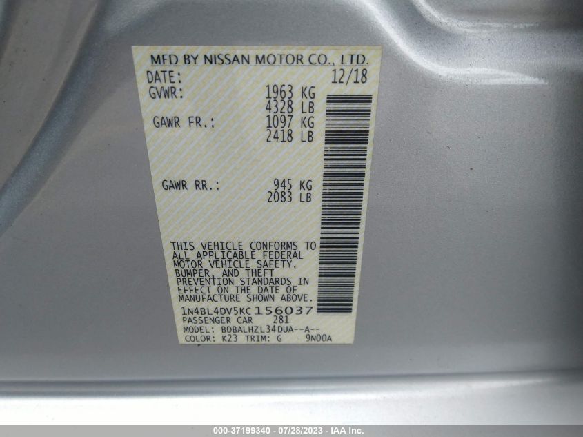 2019 NISSAN ALTIMA 2.5 SV - 1N4BL4DV5KC156037