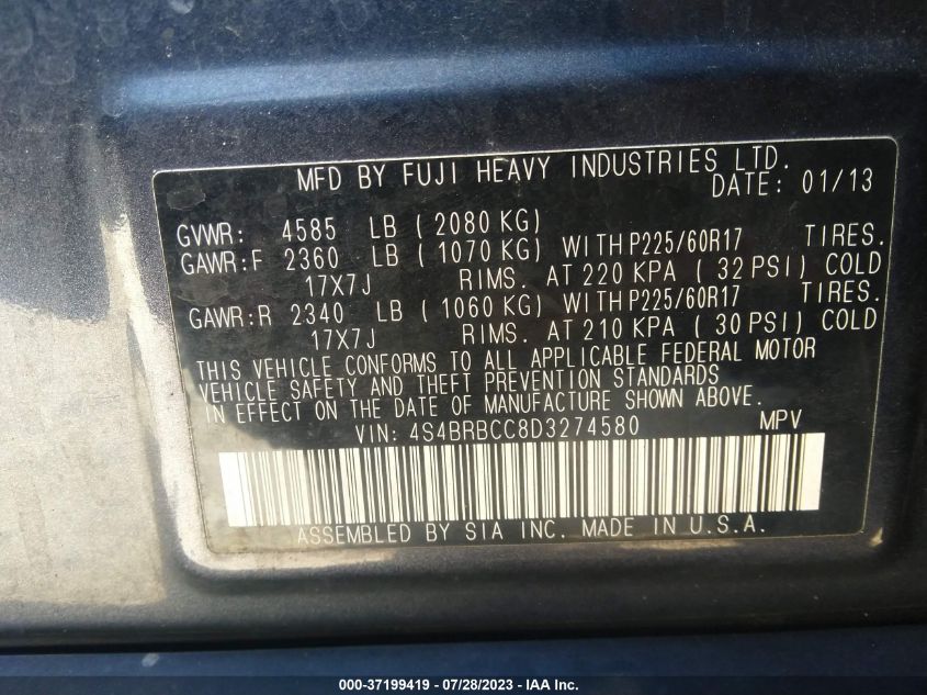 2013 SUBARU OUTBACK 2.5I PREMIUM - 4S4BRBCC8D3274580