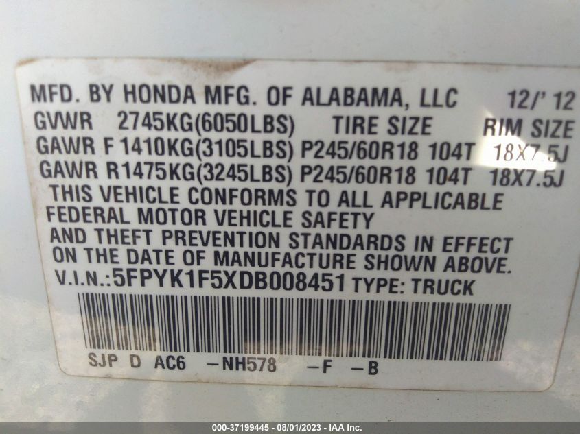2013 HONDA RIDGELINE RTL - 5FPYK1F5XDB008451