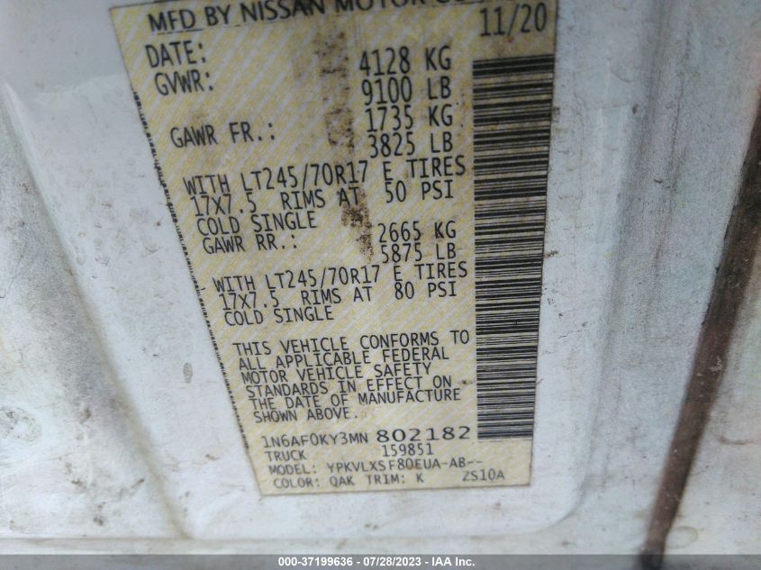 2021 NISSAN NV CARGO SV - 1N6AF0KY3MN802182