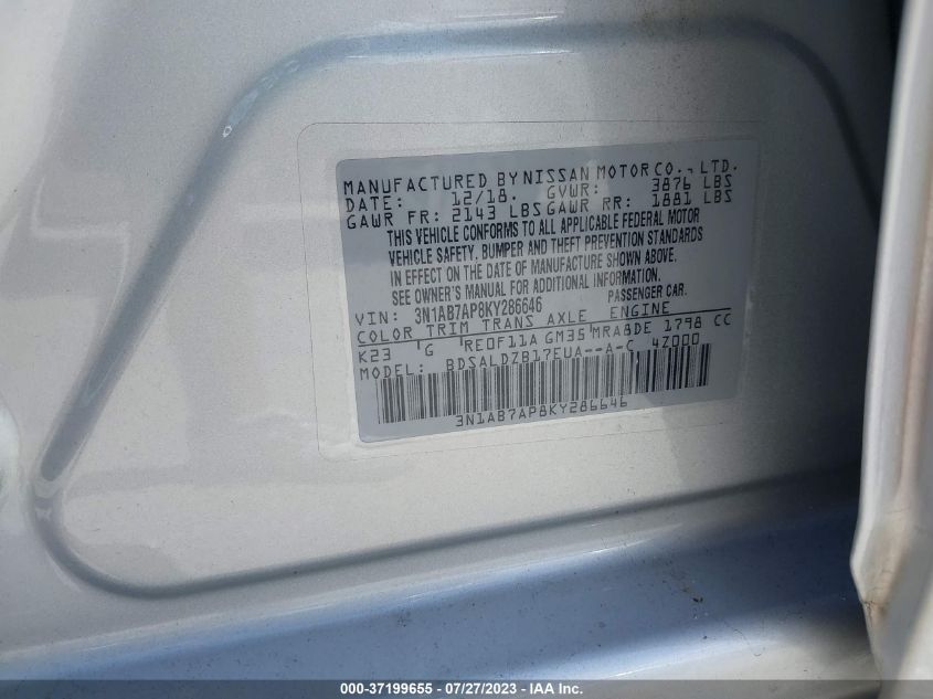 2019 NISSAN SENTRA SV - 3N1AB7AP8KY286646