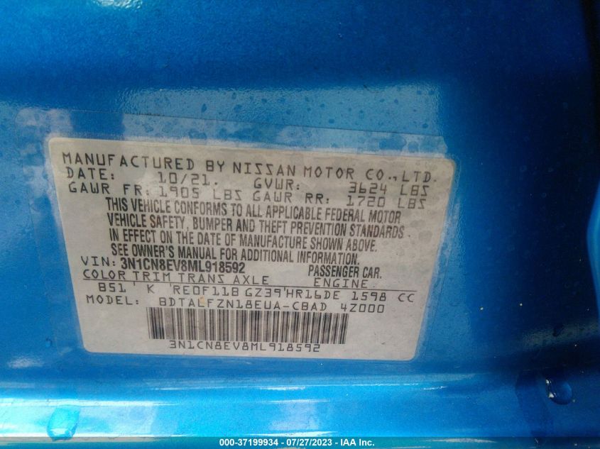 2021 NISSAN VERSA SV - 3N1CN8EV8ML918592